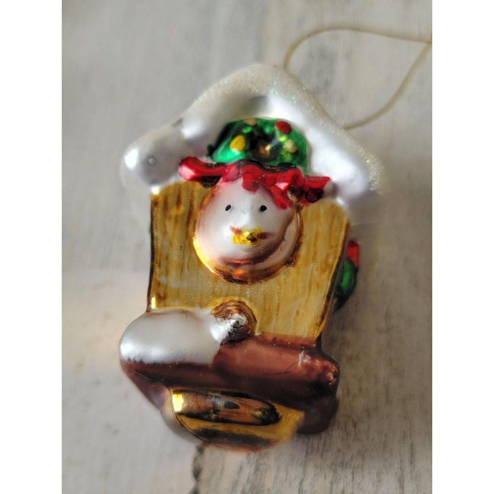 Birdhouse snow wreath blown glass ornament Xmas decor glitter